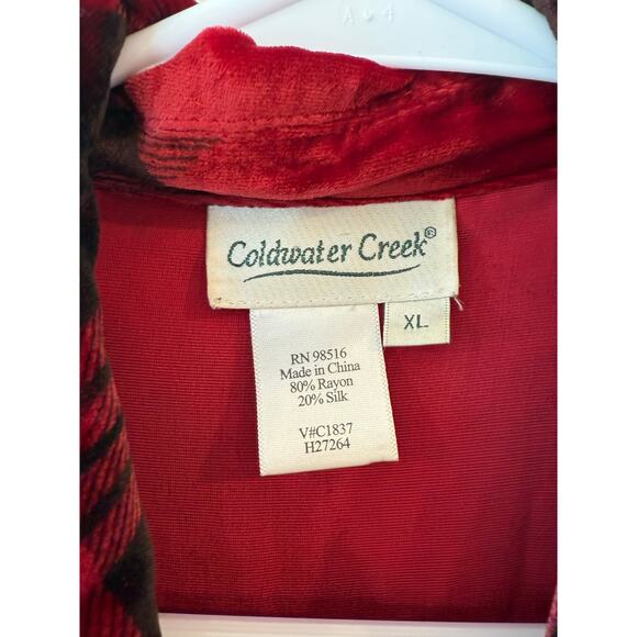 Coldwater Creek Shirt Women XL Red Black Plaid Velvet Tunic Rayon Silk Button Up - Picture 4 of 8